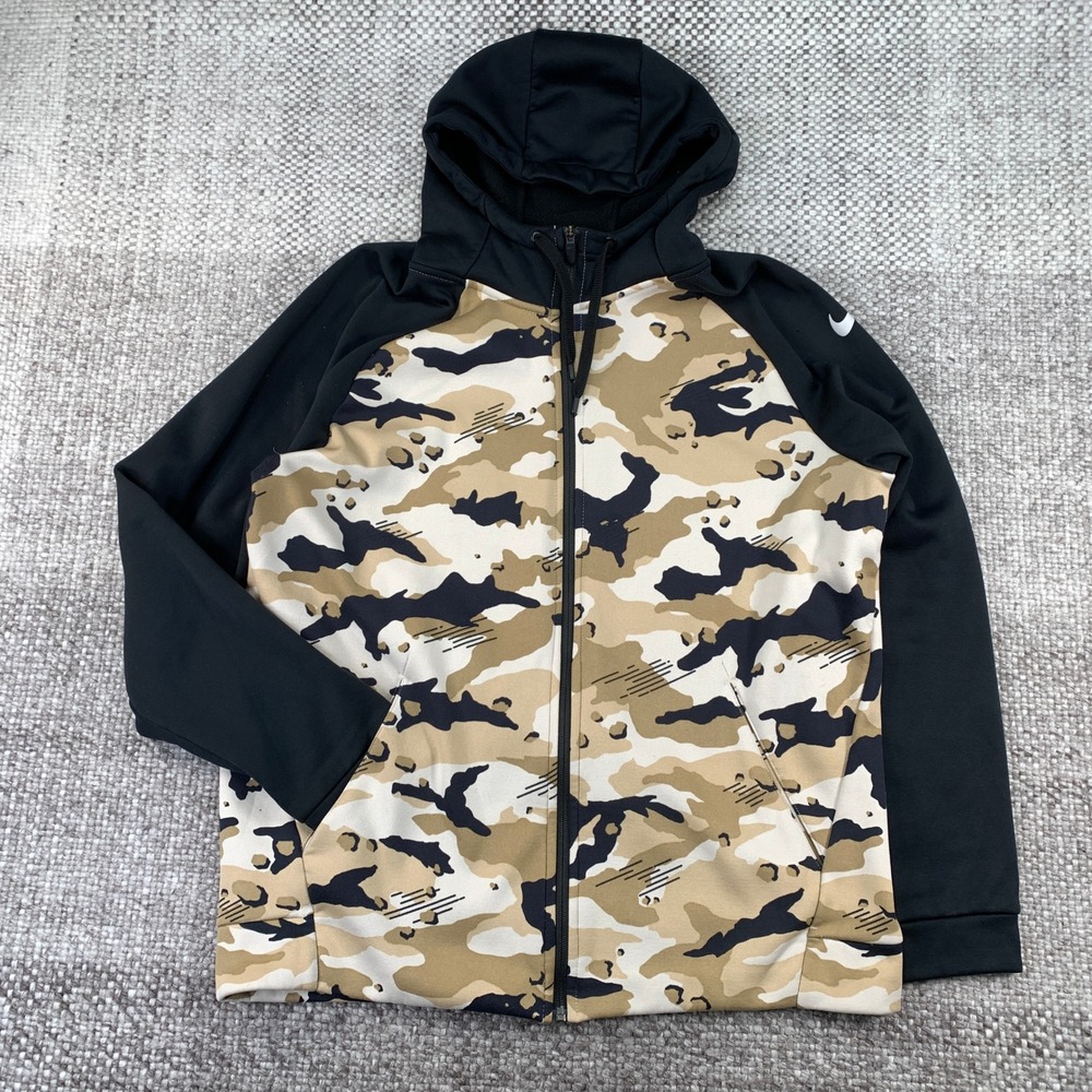 Nike Hoodie Men L Khaki Black Camo Dri-FIT Therma Full Zip Training Fleece